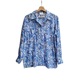 Vintage LIZSPORT Blue Floral Semi-sheer Button-Up Shirt Oversized Size Medium